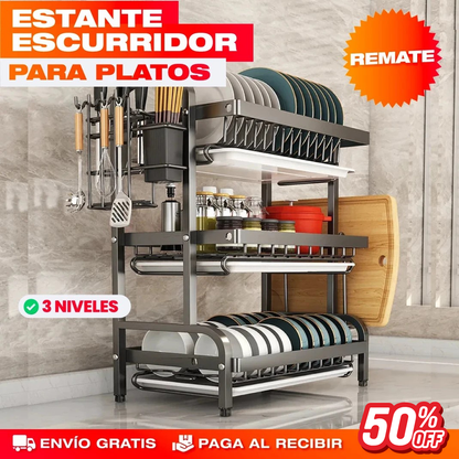 Escurridor de Platos de 3 Niveles - Mesón Seco y Platos Ordenados ·