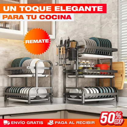 Escurridor de Platos de 3 Niveles - Mesón Seco y Platos Ordenados ·