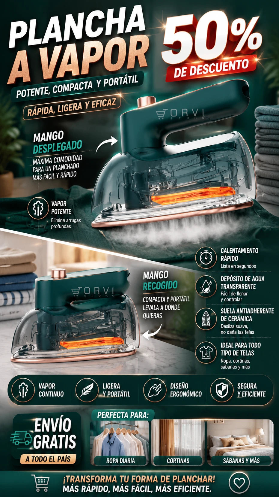 Plancha de Vapor Portátil - Elimina Arrugas al Instante - Imagen 2